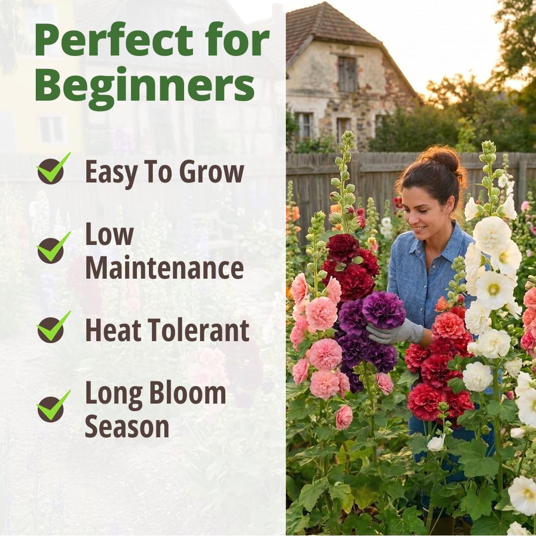 HOME GROWN Hollyhock Chaters Double Mix 2,400 Seeds – Holly Hocks Seeds for Planting Spring 2026, Double Flower Hollyhock Seeds, Flower Seeds Perennial Outdoor Garden (Alcea rosea)