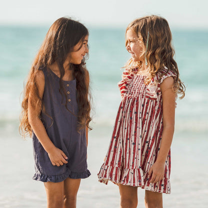 Check Gauze Blue Girl Romper - Blue Smoke